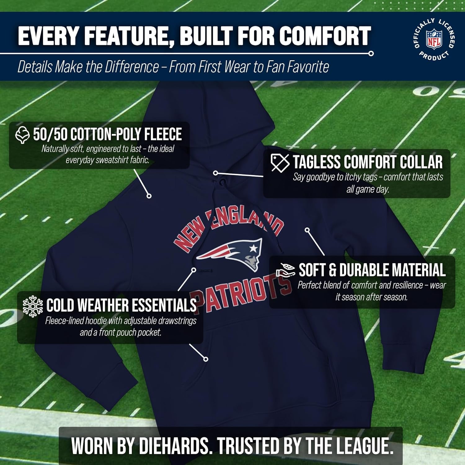 NFL Gameday Adult Hooded Sweatshirt, Pro Football Fleece Hoodie Pullover Sweatshirt