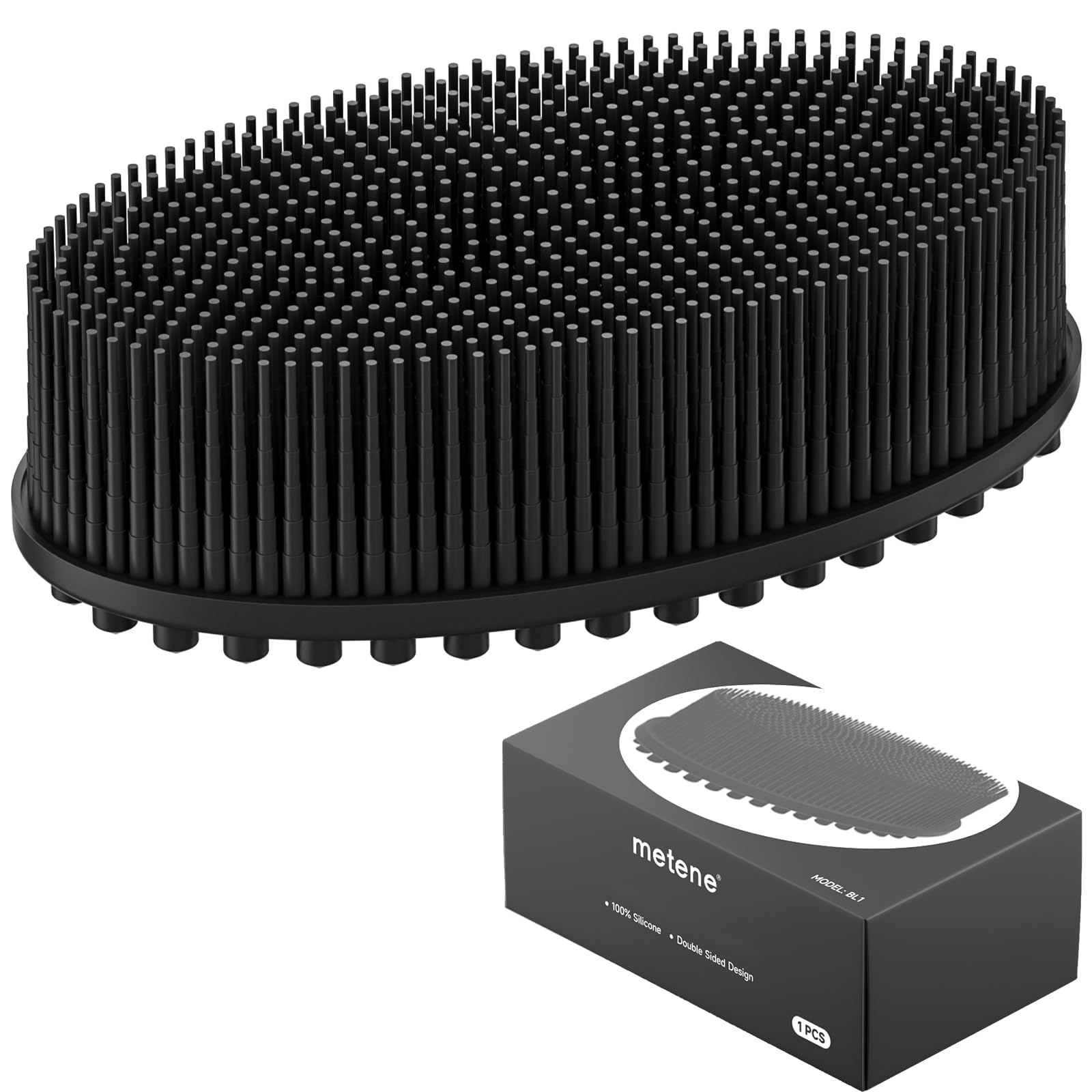 Metene Silicone Exfoliating Body Scrubber with Loop Body Scrubber for Men and Women Silicone Loofah for Shower Soft Silicone Body Scrubber for Shower and Bath Skincare Routine(Black)