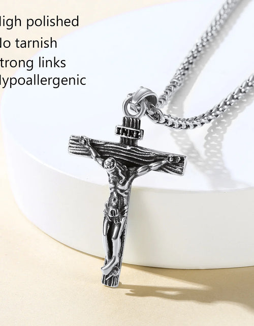 Load image into Gallery viewer, Cross Necklaces for Men Stainless Steel INRI Crucifix Pendant Necklace Jesus Piece Christian Religious Birthday Easter Basket Stuffers Jewelry Gifts Him Son
