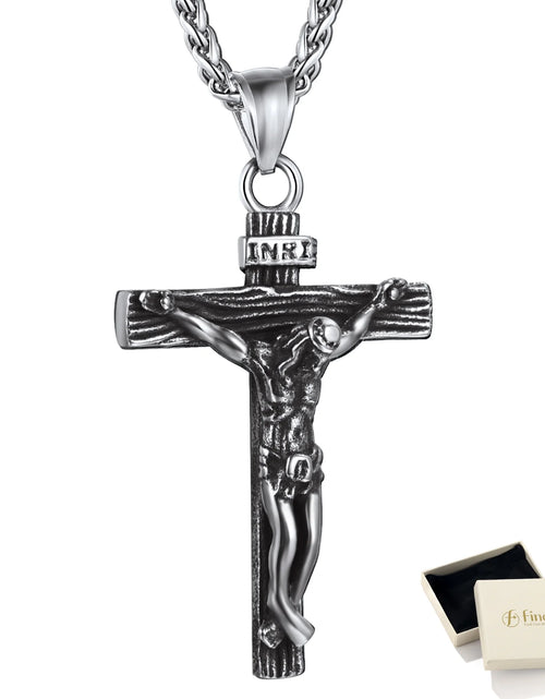 Load image into Gallery viewer, Cross Necklaces for Men Stainless Steel INRI Crucifix Pendant Necklace Jesus Piece Christian Religious Birthday Easter Basket Stuffers Jewelry Gifts Him Son
