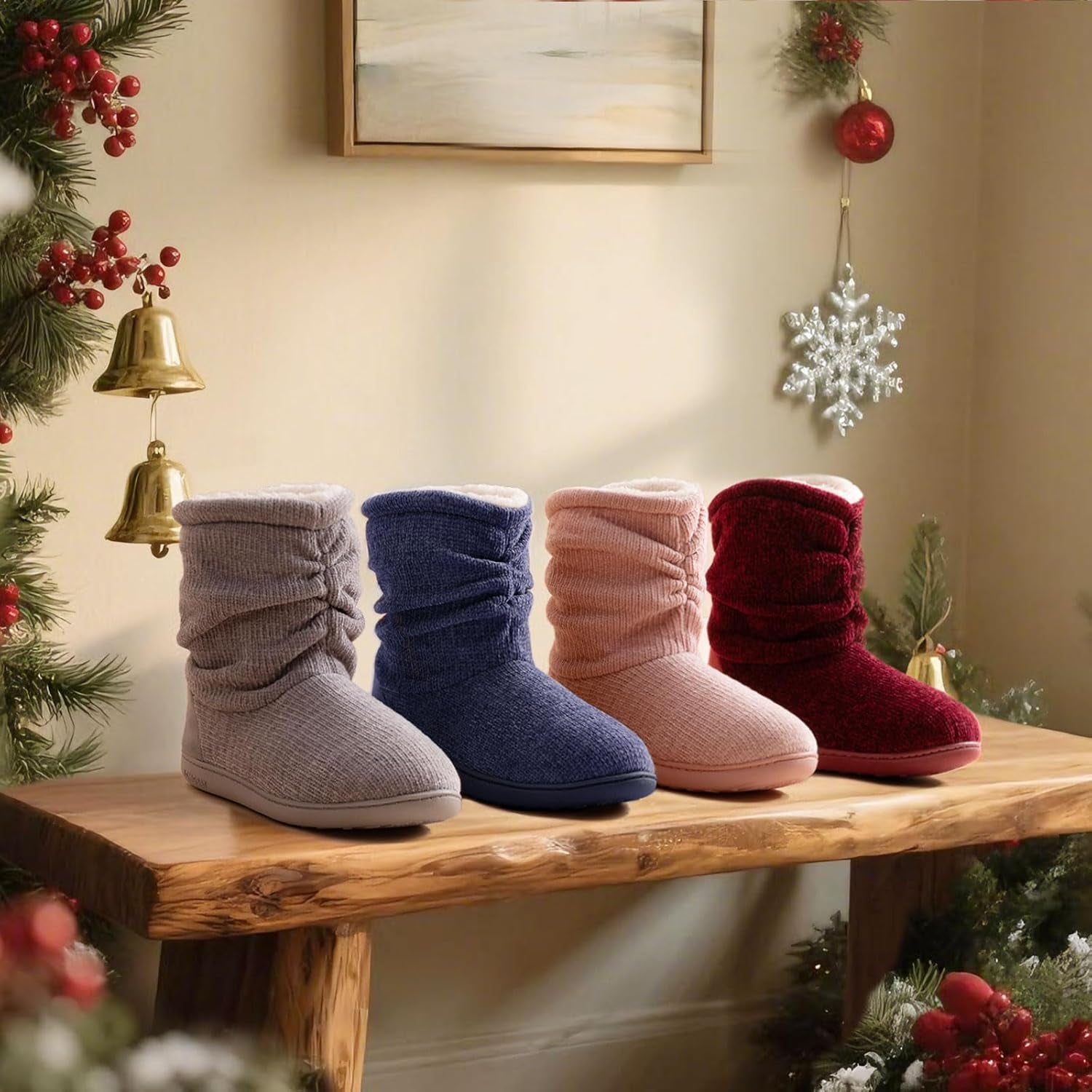 Women'S Chenille Knit Bootie Slippers Cute Plush Fleece Memory Foam House Shoes