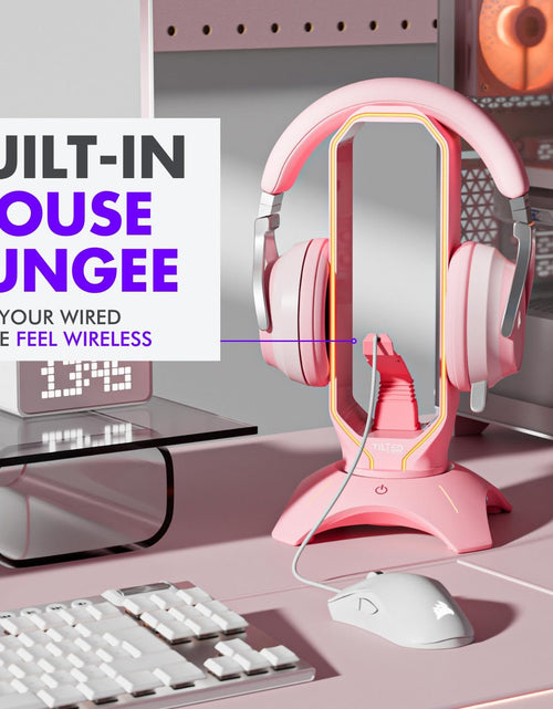 Load image into Gallery viewer, RGB Gaming Headset Stand - 3 in 1 Pink with Mouse Bungee and 2 Port USB Hub Charger - the Ultimate Accessory and Gamer Gift - Headphone Holder for Desk
