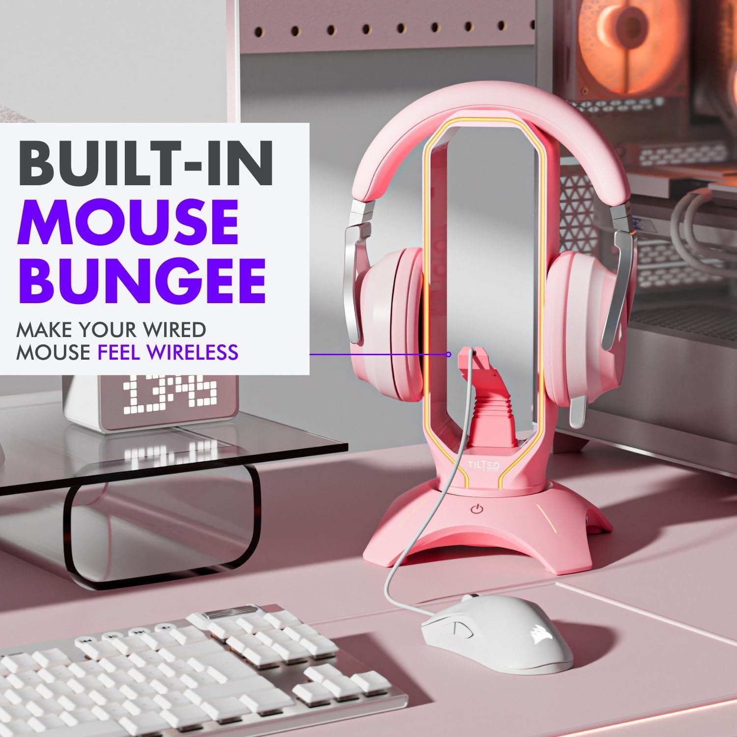 RGB Gaming Headset Stand - 3 in 1 Pink with Mouse Bungee and 2 Port USB Hub Charger - the Ultimate Accessory and Gamer Gift - Headphone Holder for Desk