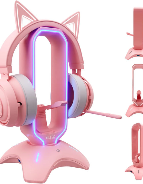 Load image into Gallery viewer, RGB Gaming Headset Stand - 3 in 1 Pink with Mouse Bungee and 2 Port USB Hub Charger - the Ultimate Accessory and Gamer Gift - Headphone Holder for Desk
