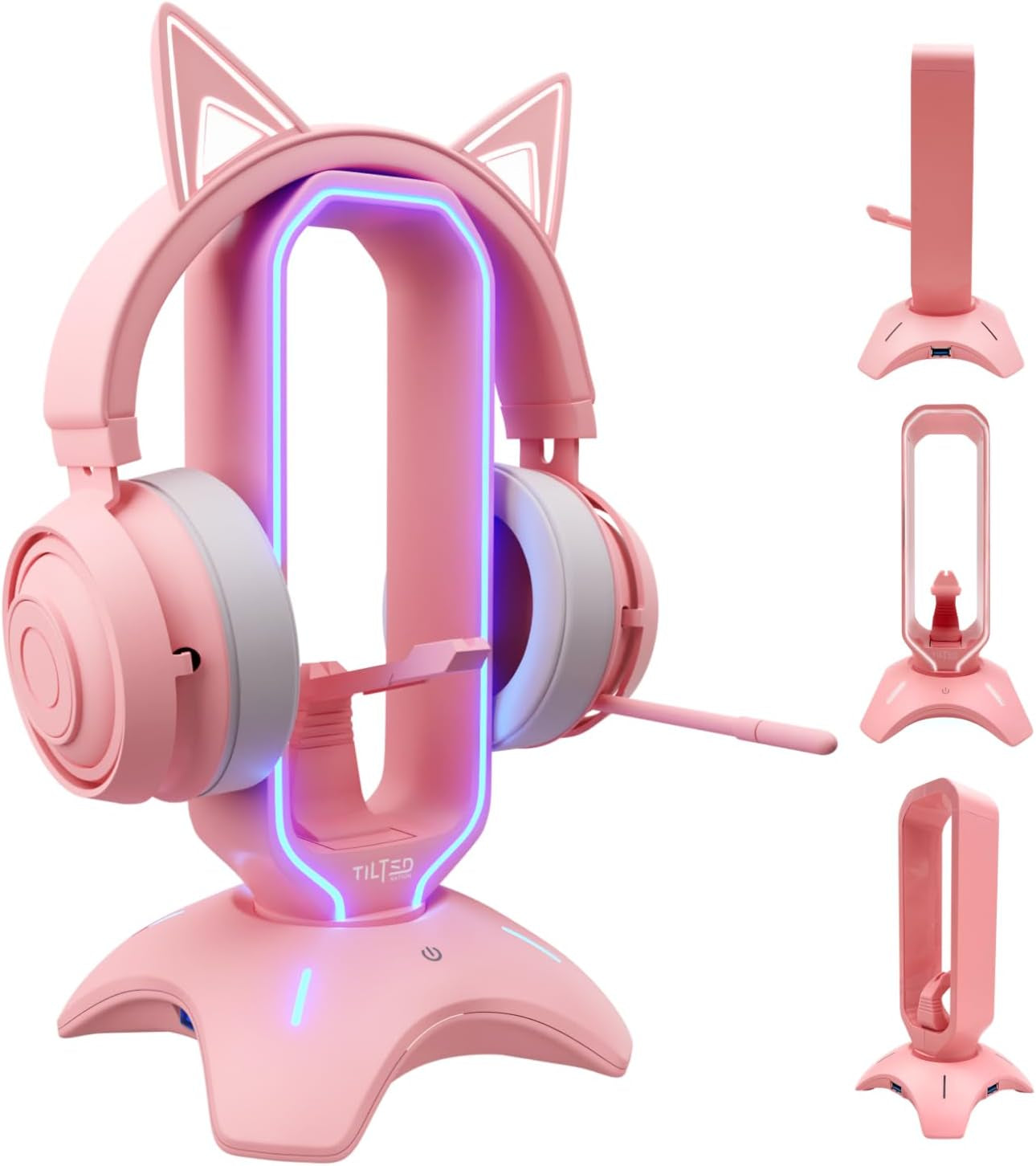 RGB Gaming Headset Stand - 3 in 1 Pink with Mouse Bungee and 2 Port USB Hub Charger - the Ultimate Accessory and Gamer Gift - Headphone Holder for Desk
