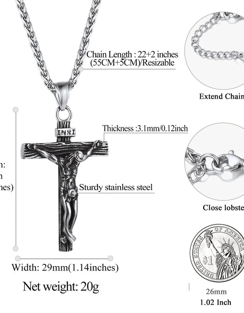 Load image into Gallery viewer, Cross Necklaces for Men Stainless Steel INRI Crucifix Pendant Necklace Jesus Piece Christian Religious Birthday Easter Basket Stuffers Jewelry Gifts Him Son
