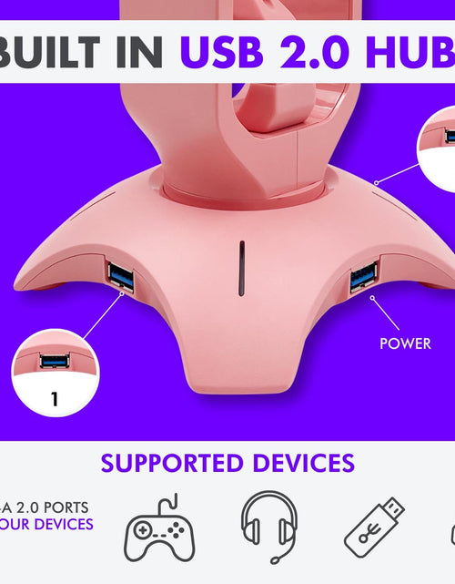 Load image into Gallery viewer, RGB Gaming Headset Stand - 3 in 1 Pink with Mouse Bungee and 2 Port USB Hub Charger - the Ultimate Accessory and Gamer Gift - Headphone Holder for Desk
