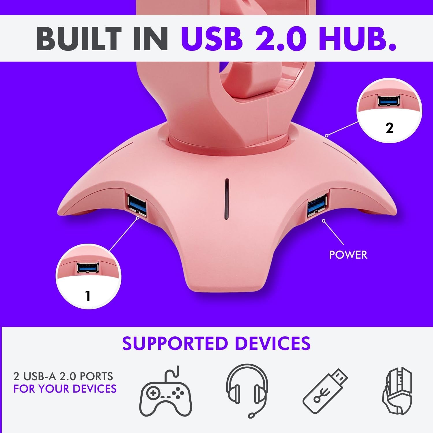 RGB Gaming Headset Stand - 3 in 1 Pink with Mouse Bungee and 2 Port USB Hub Charger - the Ultimate Accessory and Gamer Gift - Headphone Holder for Desk