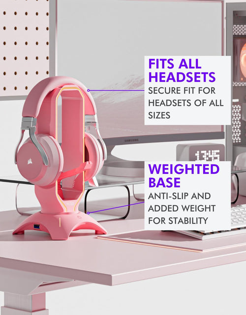 Load image into Gallery viewer, RGB Gaming Headset Stand - 3 in 1 Pink with Mouse Bungee and 2 Port USB Hub Charger - the Ultimate Accessory and Gamer Gift - Headphone Holder for Desk
