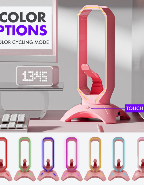Load image into Gallery viewer, RGB Gaming Headset Stand - 3 in 1 Pink with Mouse Bungee and 2 Port USB Hub Charger - the Ultimate Accessory and Gamer Gift - Headphone Holder for Desk
