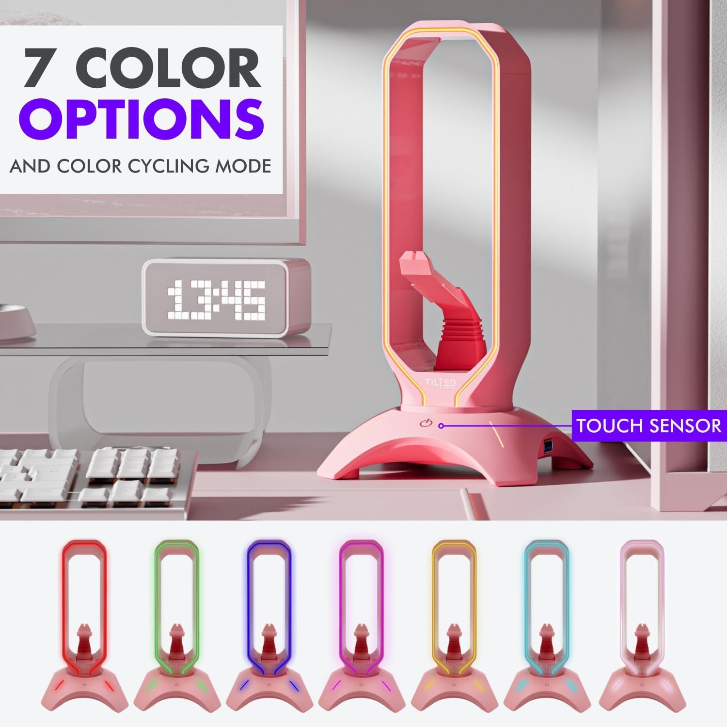 RGB Gaming Headset Stand - 3 in 1 Pink with Mouse Bungee and 2 Port USB Hub Charger - the Ultimate Accessory and Gamer Gift - Headphone Holder for Desk