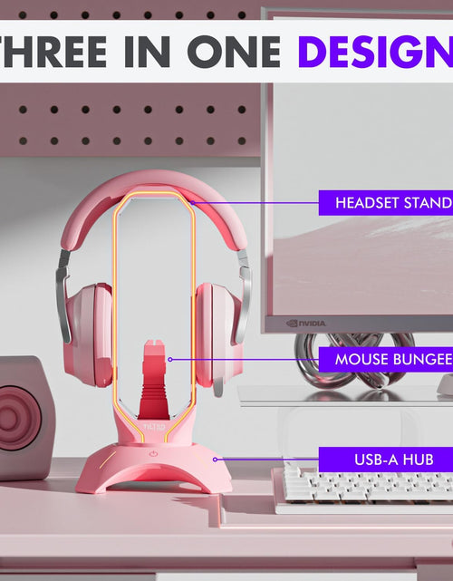 Load image into Gallery viewer, RGB Gaming Headset Stand - 3 in 1 Pink with Mouse Bungee and 2 Port USB Hub Charger - the Ultimate Accessory and Gamer Gift - Headphone Holder for Desk
