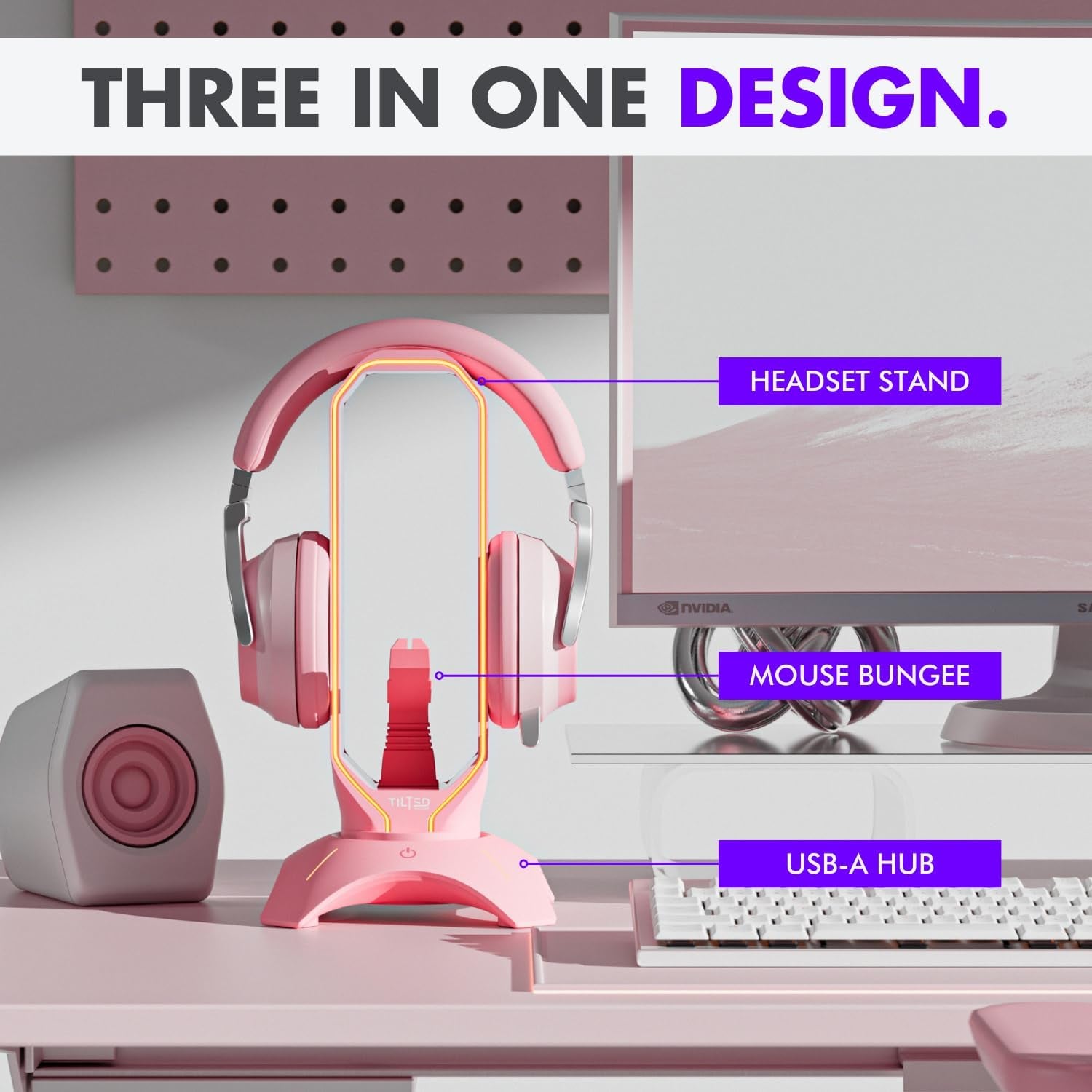 RGB Gaming Headset Stand - 3 in 1 Pink with Mouse Bungee and 2 Port USB Hub Charger - the Ultimate Accessory and Gamer Gift - Headphone Holder for Desk