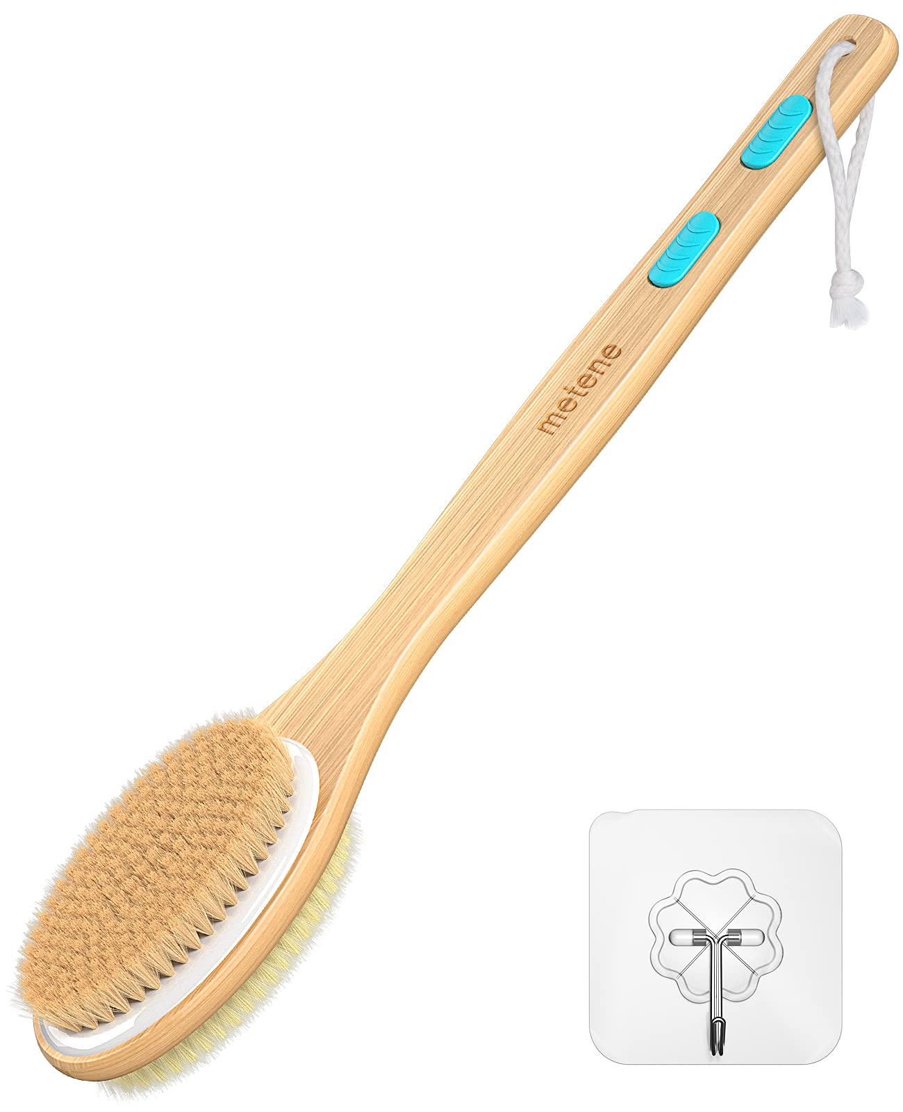 Metene Shower Brush with Soft and Stiff Bristles Bath Dual-Sided Long Handle Back Scrubber Body Exfoliator for Wet or Dry Brushing