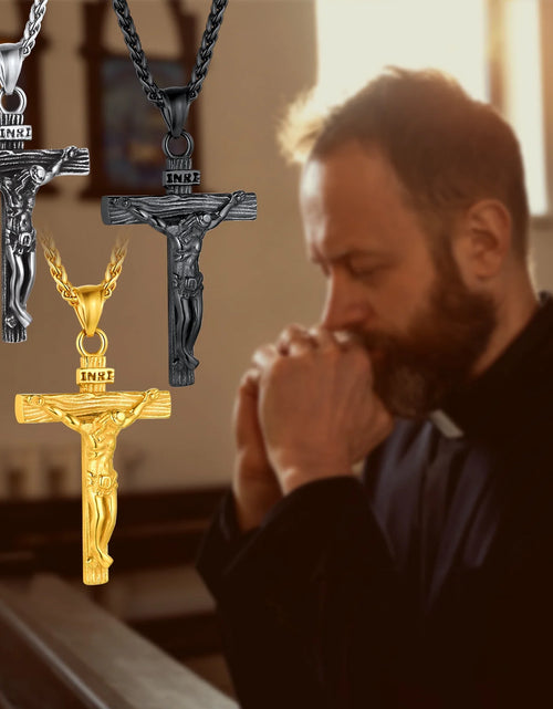 Load image into Gallery viewer, Cross Necklaces for Men Stainless Steel INRI Crucifix Pendant Necklace Jesus Piece Christian Religious Birthday Easter Basket Stuffers Jewelry Gifts Him Son
