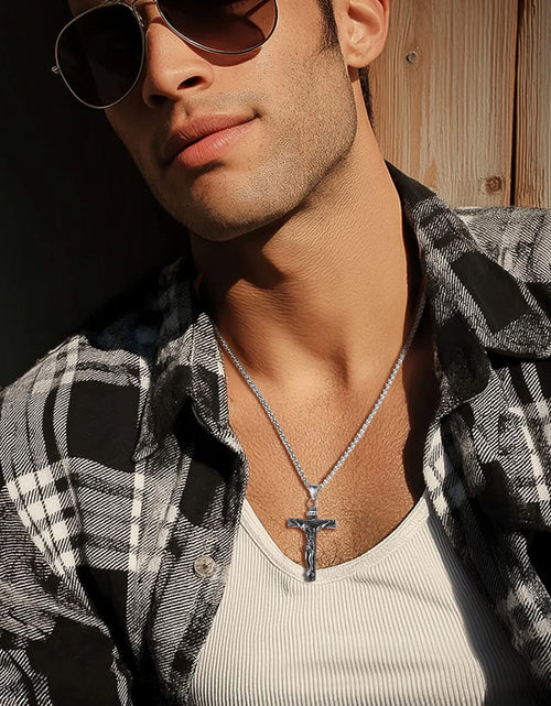 Load image into Gallery viewer, Cross Necklaces for Men Stainless Steel INRI Crucifix Pendant Necklace Jesus Piece Christian Religious Birthday Easter Basket Stuffers Jewelry Gifts Him Son
